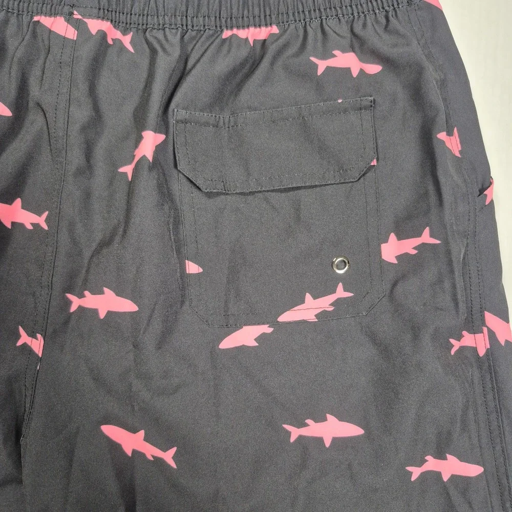 Mens Shark Print Swim Trunks XL Black‎ Pink Beach Board Shorts Compession Lining
